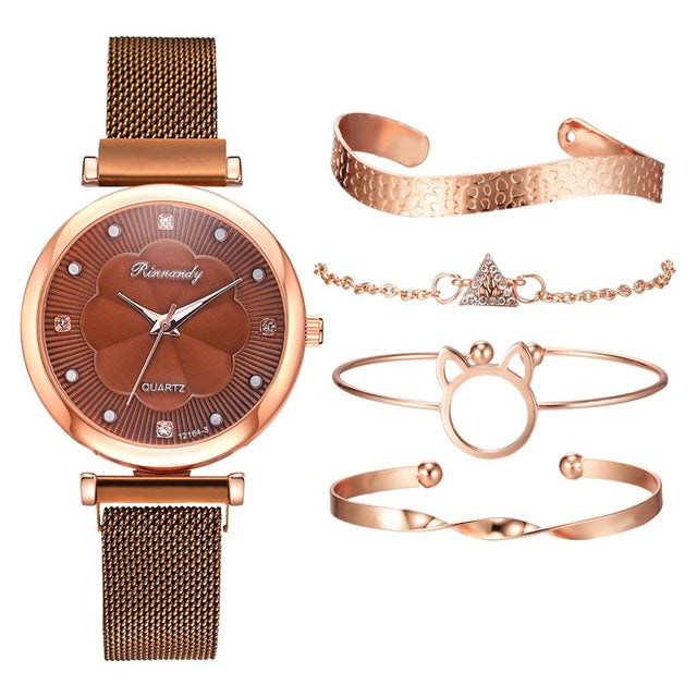 Pacote Fashion Luxo Pulseiras + Relógios Wons Store 5 pcs Café
