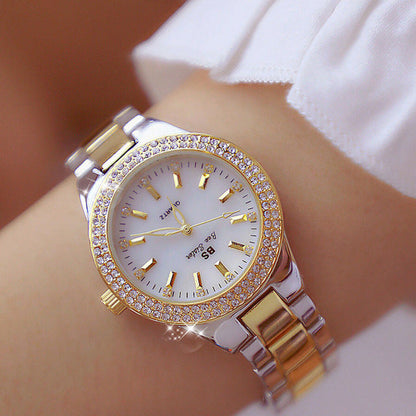Relógio feminino Cristal Luxo Wons Store Prata e Ouro 